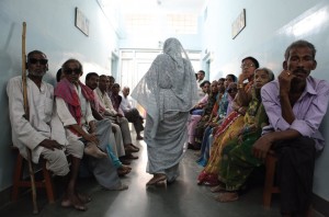 Patients waiting to be examined along the corridors of the Akhand Jyoti Eye Hospital, Bihar, India.Cataract surgery is a relatively simple operation, taking approximately five to ten minutes. Vision is restored very quickly following the surgery; a patient usually recovers good vision on the second day. It is an extremely emotional experience to witness.