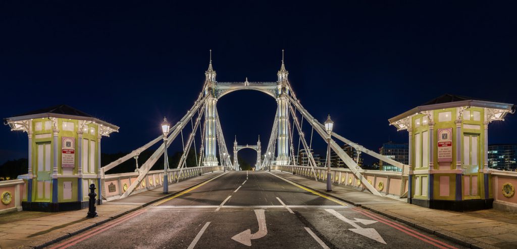 Albert Bridge in London at night.