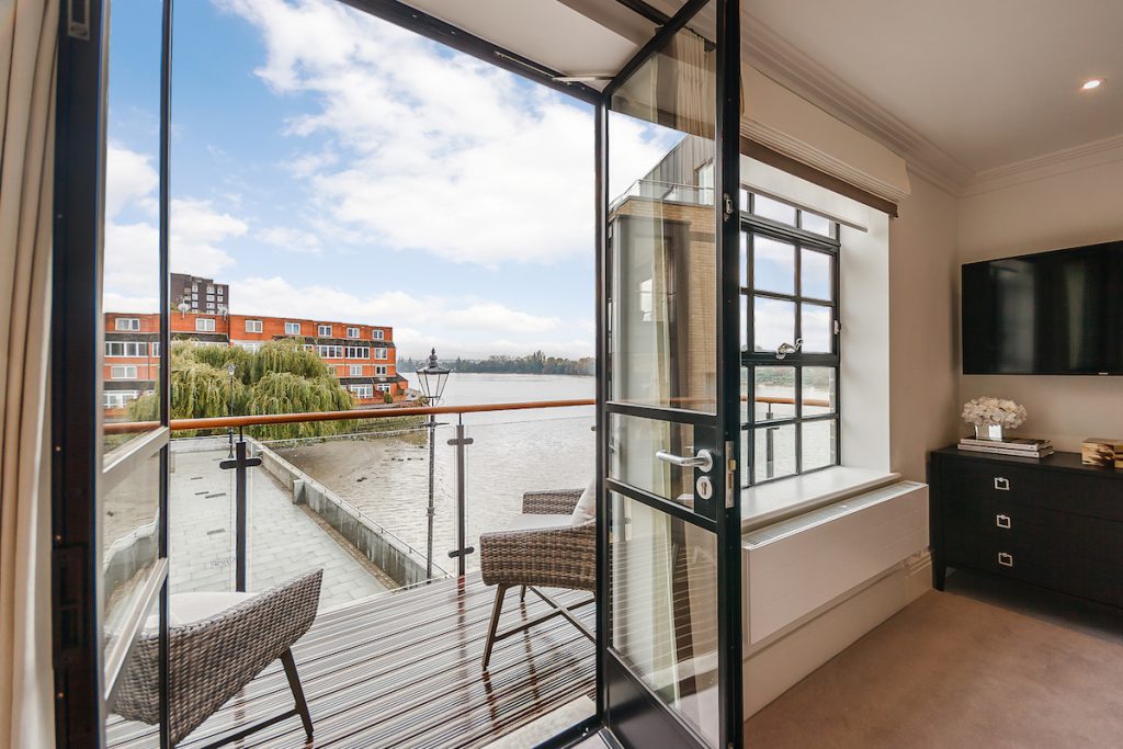 Apartment balcony looking at over the river in Palace Wharf