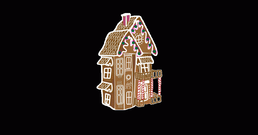 Animated illustration of gingerbread house.