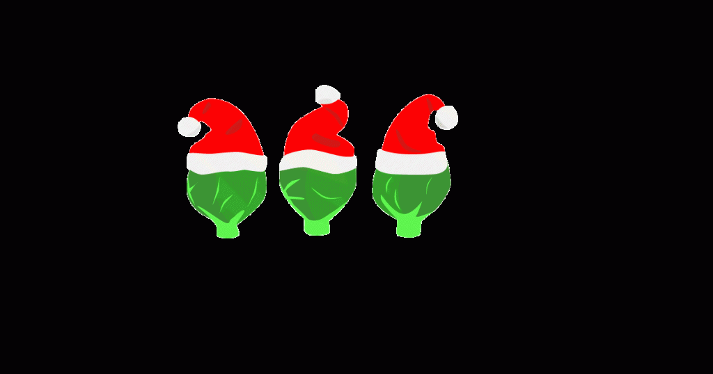 Animated illustration of three brussel sprouts with christmas hats on.